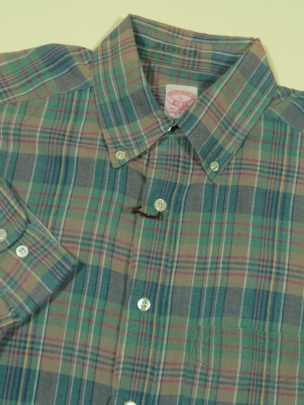 Vintage 1970s Brooks Brothers Madras Plaid Sport Shirt Mens L Green Blue Multi